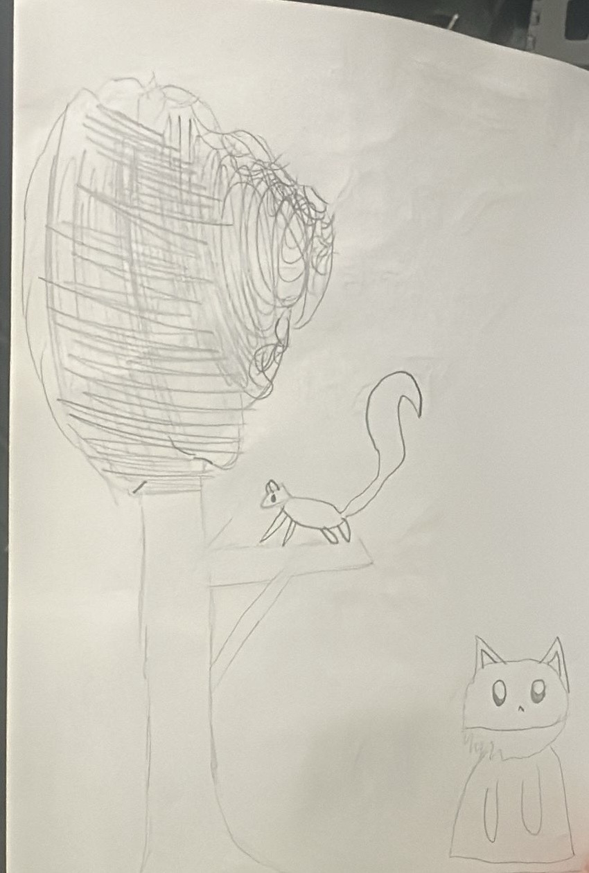 A child's drawing of Lizzie beneath the oak tree